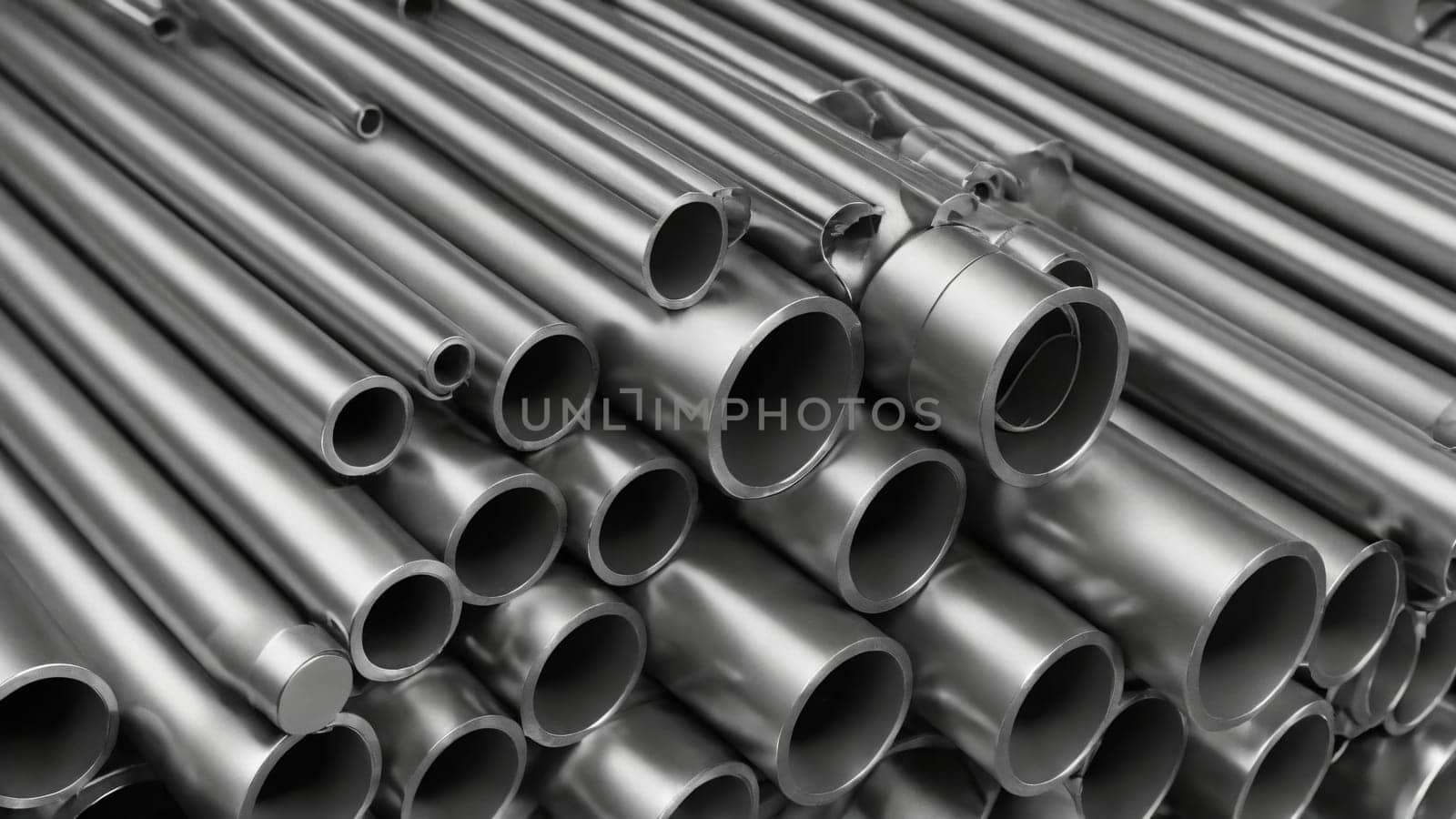 Gleaming metal pipes are arranged tightly together, reflecting sunlight as they rest in a workshop. The scene captures the essence of craftsmanship and industriousness.