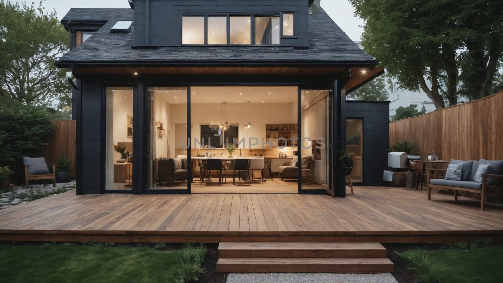 An elegant wooden deck extends from a stylish modern home, where warm light spills from the inviting interior. The tranquil setting showcases lush greenery, creating a peaceful atmosphere at twilight.