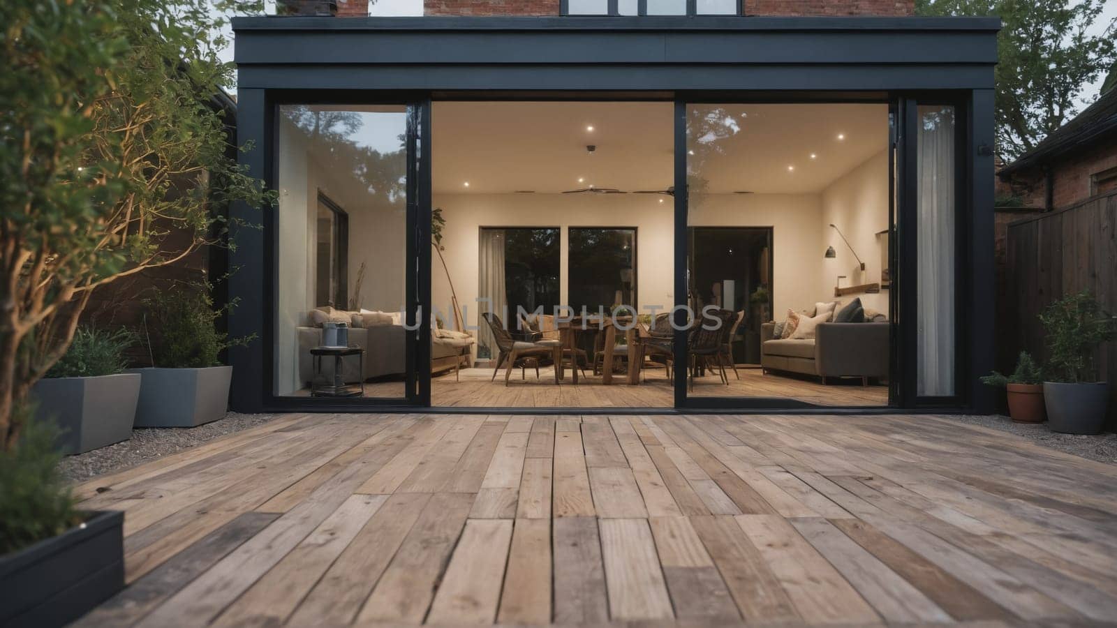 An elegant wooden deck extends from a stylish modern home, where warm light spills from the inviting interior. The tranquil setting showcases lush greenery, creating a peaceful atmosphere at twilight.