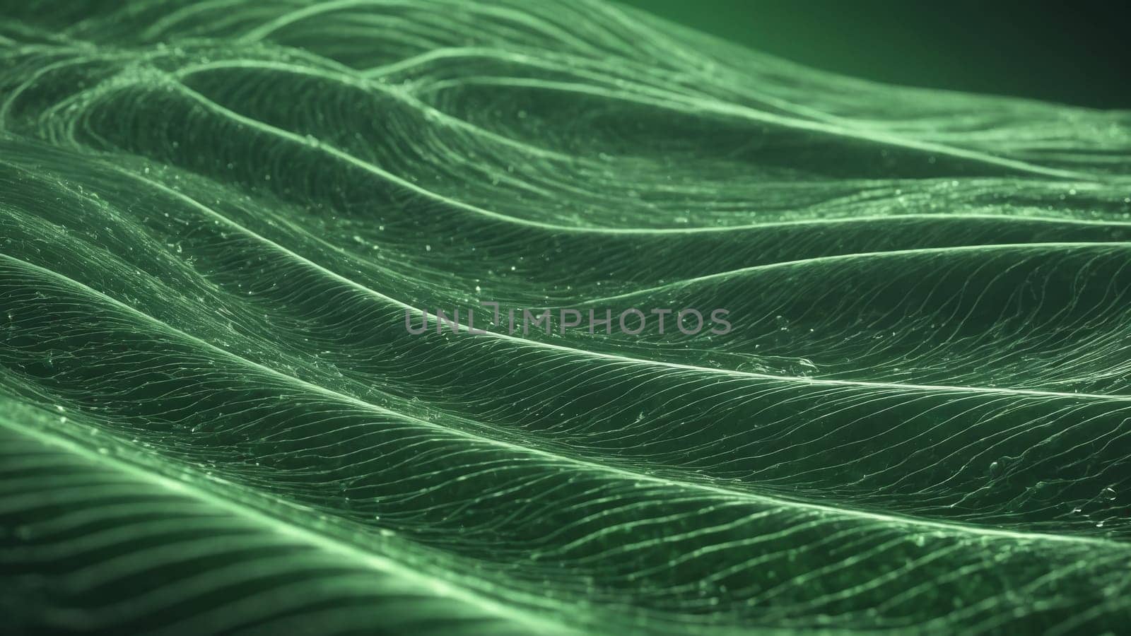 Gentle waves undulate under a twilight sky, illuminated in green hues, while wind turbines stand tall in the background, symbolizing sustainable energy and harmony with nature.