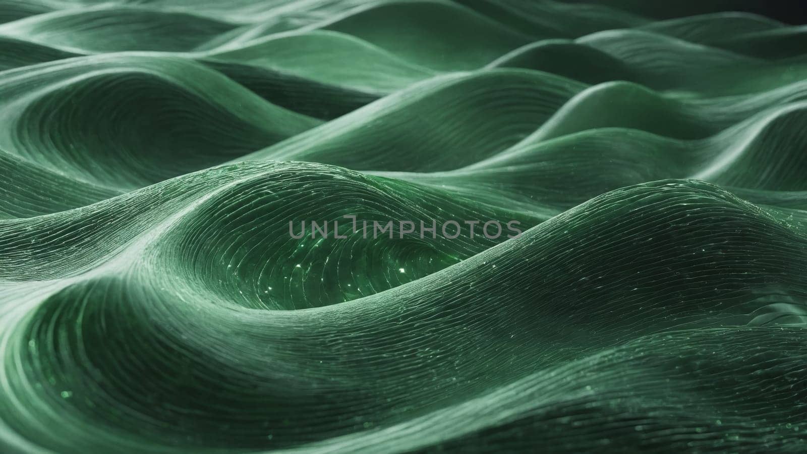 Gentle waves undulate under a twilight sky, illuminated in green hues, while wind turbines stand tall in the background, symbolizing sustainable energy and harmony with nature.
