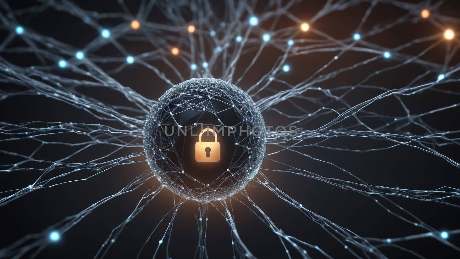 A vibrant network of glowing connections forms a digital sphere, prominently featuring a glowing lock at its center, symbolizing security in a tech-driven world.