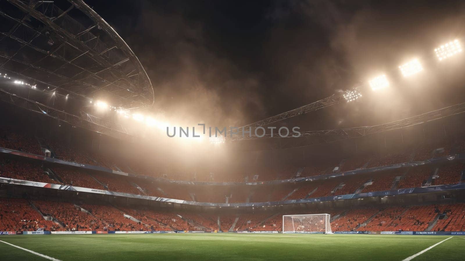 Under the dazzling lights of the stadium, the soccer field glows as a thick mist rises, creating an electrifying atmosphere for the night match. The crowd buzzes with excitement.