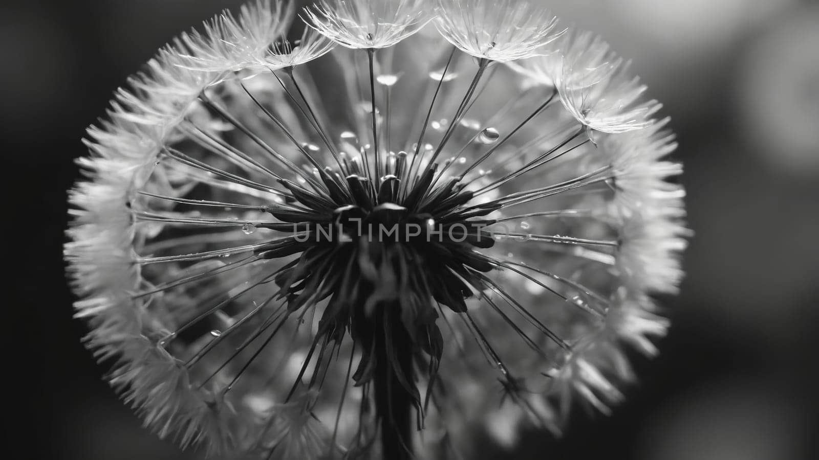 The intricate structure of a dandelion reveals its delicate seeds in monochrome, capturing the essence of nature's artistry. The focus highlights each detail against a soft backdrop.