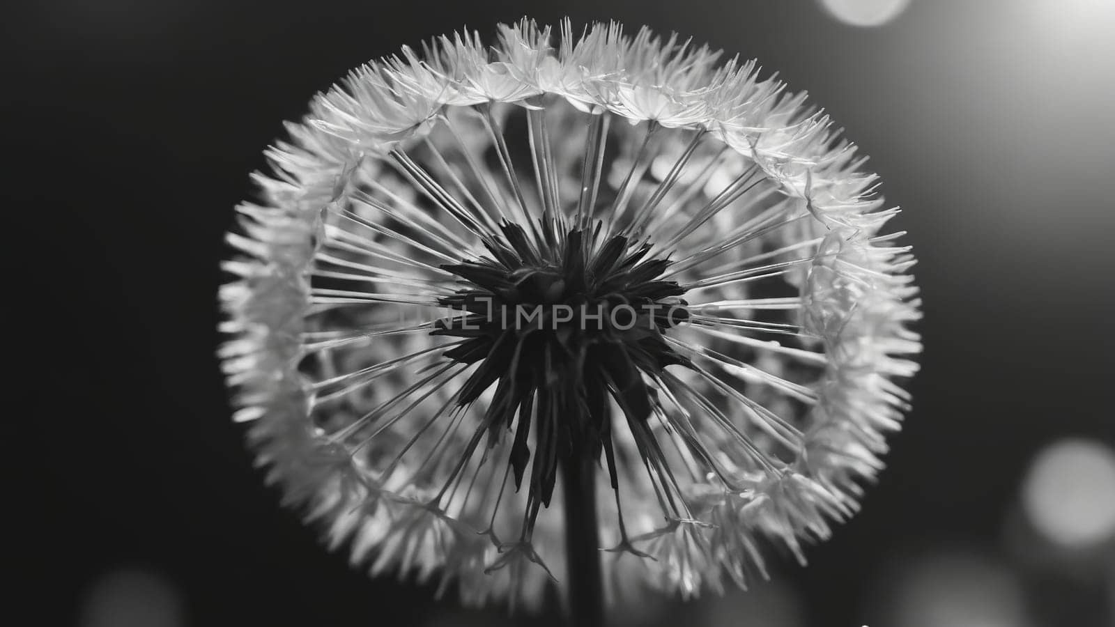 The intricate structure of a dandelion reveals its delicate seeds in monochrome, capturing the essence of nature's artistry. The focus highlights each detail against a soft backdrop.