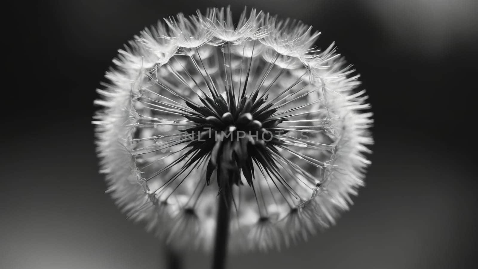 A close-up view of a dandelion puff, beautifully highlighting its intricate, delicate structure against a soft-focus background. The monochrome tones enhance its ethereal beauty and detail.