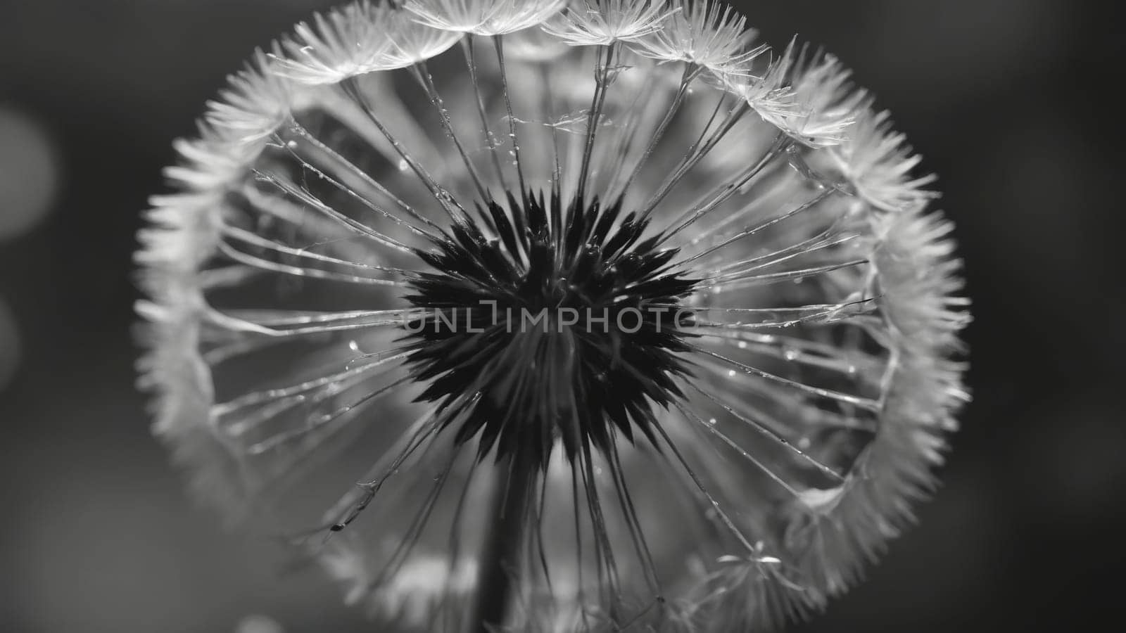 A close-up view of a dandelion puff, beautifully highlighting its intricate, delicate structure against a soft-focus background. The monochrome tones enhance its ethereal beauty and detail.