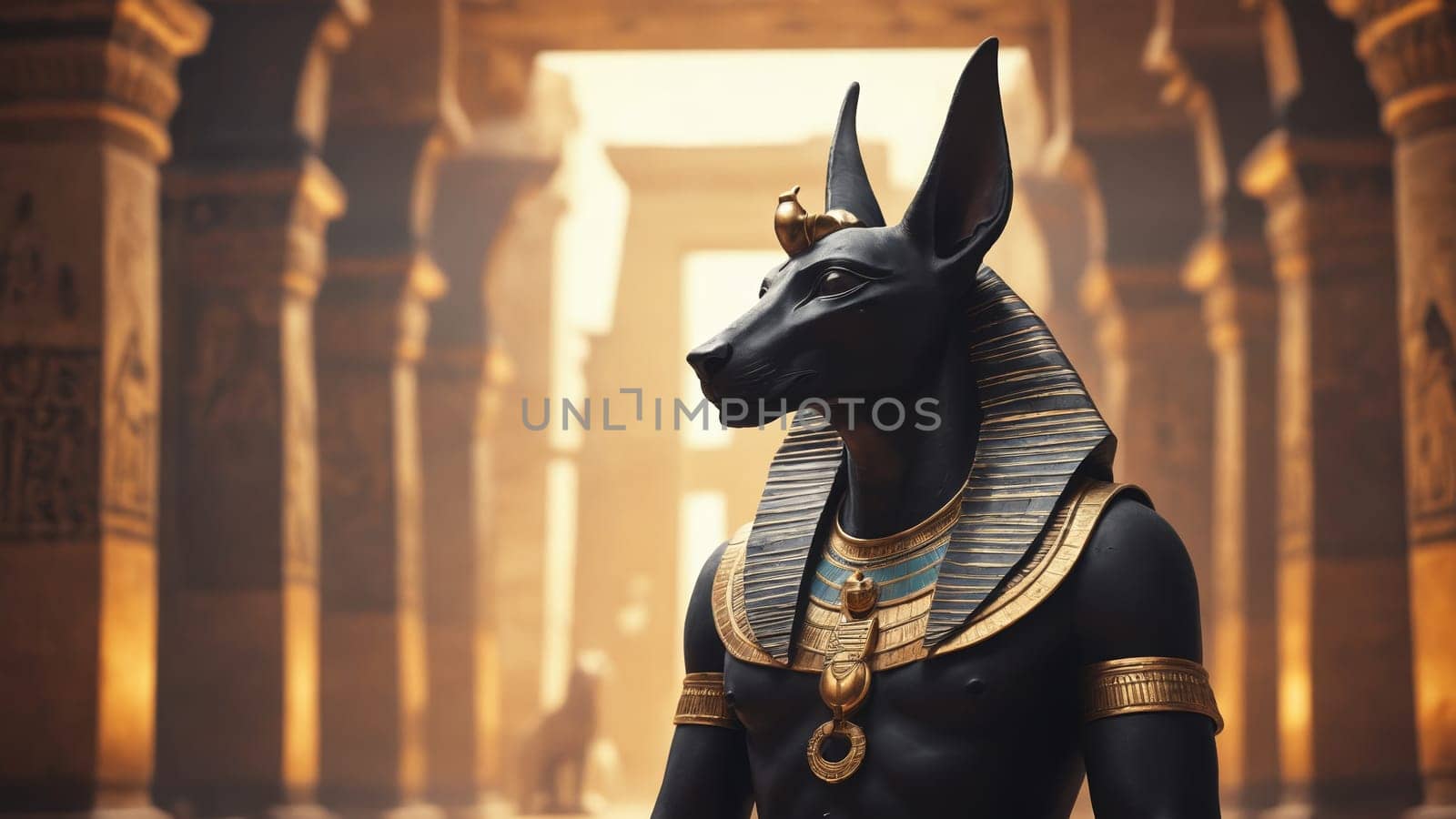 Anubis, the ancient Egyptian god of the afterlife, stands proudly in a temple adorned with warm golden light and intricate carvings, creating a mystical atmosphere filled with history and reverence.
