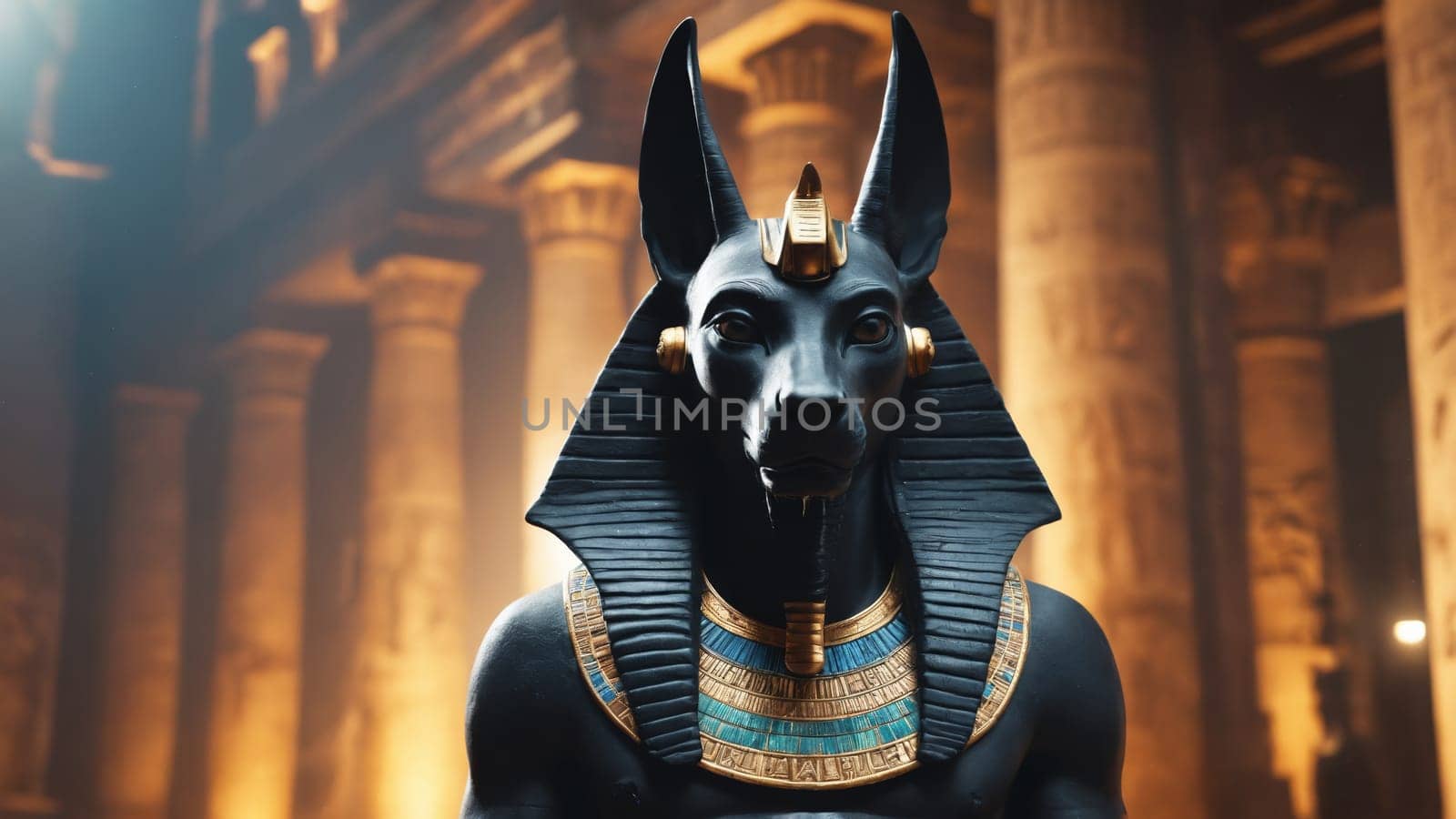 Anubis, the ancient Egyptian god of the afterlife, stands proudly in a temple adorned with warm golden light and intricate carvings, creating a mystical atmosphere filled with history and reverence.