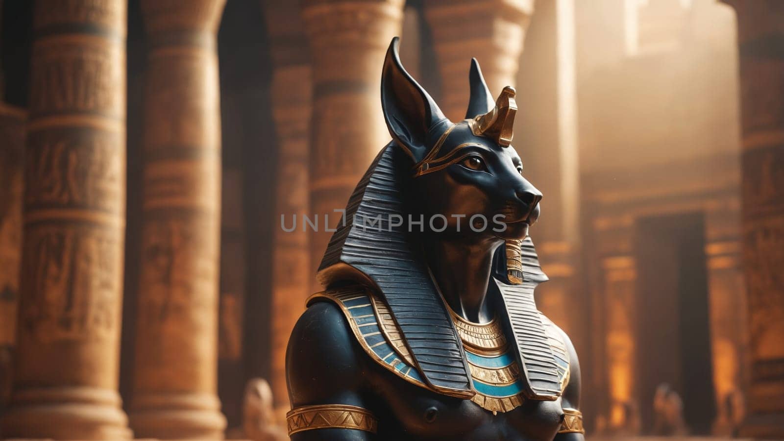 A striking statue of Anubis, the ancient Egyptian god, is prominently displayed within an ornate temple. Golden light illuminates the surroundings, enhancing the mystical atmosphere of the scene.