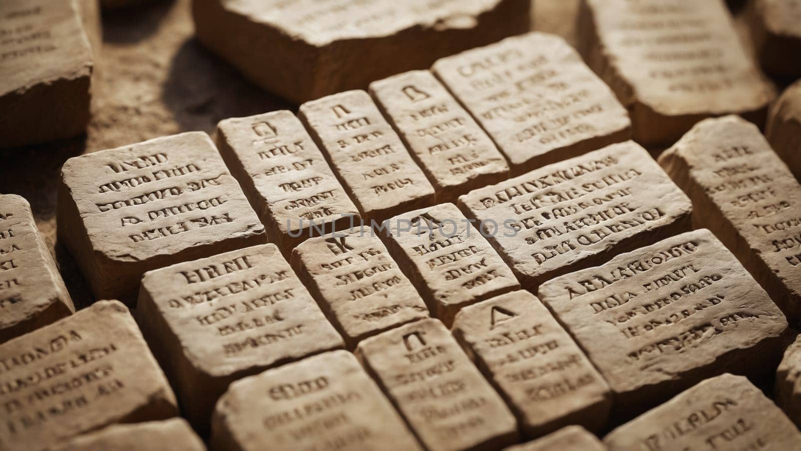 A collection of stone tablets bearing intricate engravings lies scattered under warm sunlight, revealing ancient languages and stories from a forgotten era, inviting curiosity and exploration.