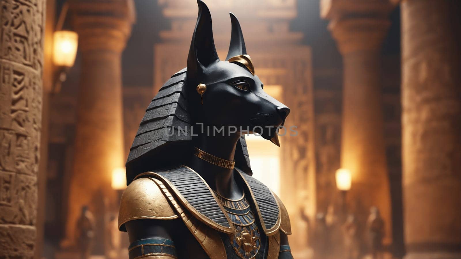 A striking statue of Anubis, the ancient Egyptian god, is prominently displayed within an ornate temple. Golden light illuminates the surroundings, enhancing the mystical atmosphere of the scene.