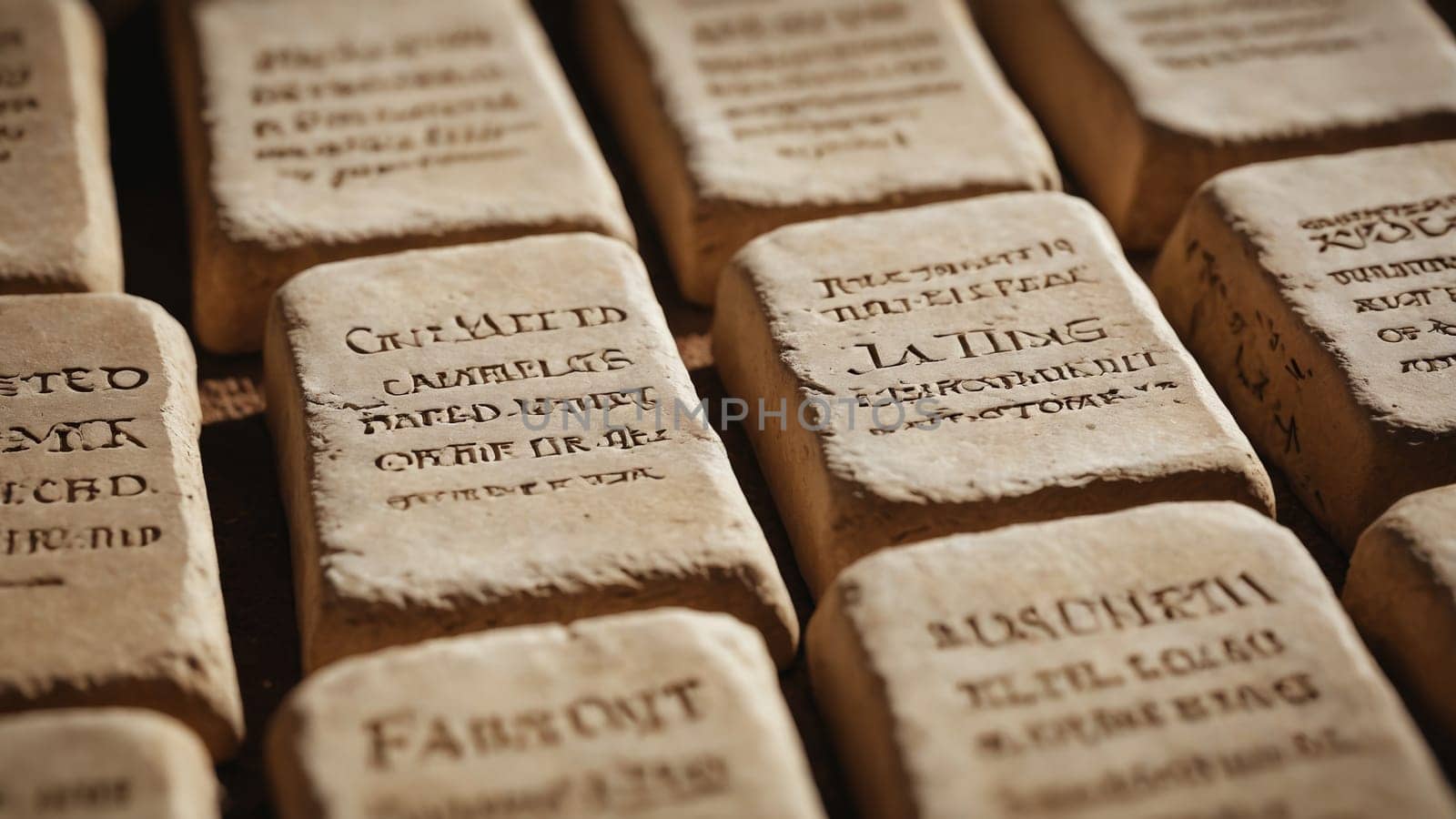 A collection of stone tablets bearing intricate engravings lies scattered under warm sunlight, revealing ancient languages and stories from a forgotten era, inviting curiosity and exploration.
