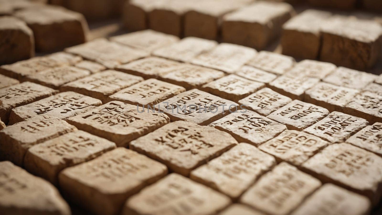 A collection of stone tablets bearing intricate engravings lies scattered under warm sunlight, revealing ancient languages and stories from a forgotten era, inviting curiosity and exploration.