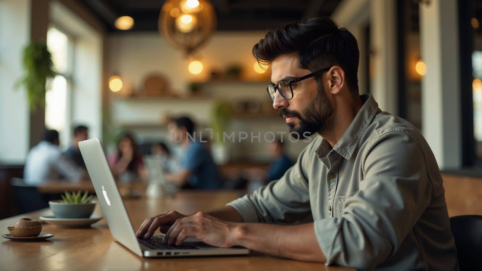 A man sits at a wooden table, deeply concentrating as he works on his laptop in a stylish caf filled with greenery. The warm atmosphere enhances his focus.