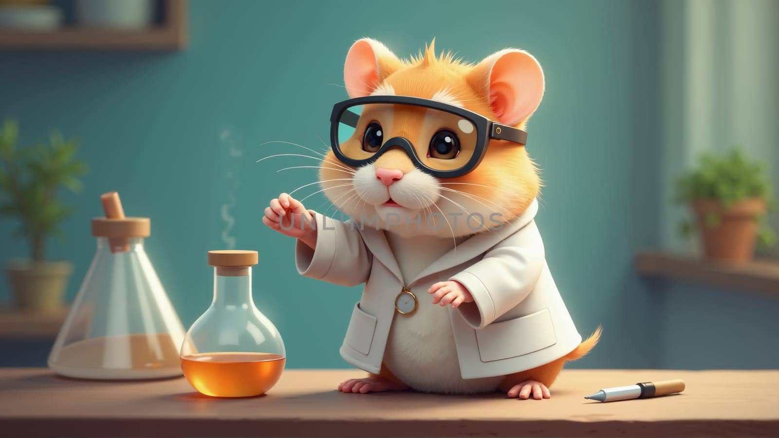 In a charming laboratory, a fluffy hamster wearing a lab coat and glasses curiously examines colorful test tubes. The warm atmosphere invites exploration and discovery in science.
