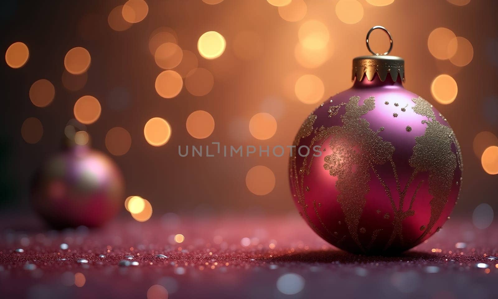 A vibrant pink ornament with intricate gold designs glistens under soft bokeh lights, creating a warm holiday atmosphere ideal for Christmas celebrations - Generative AI