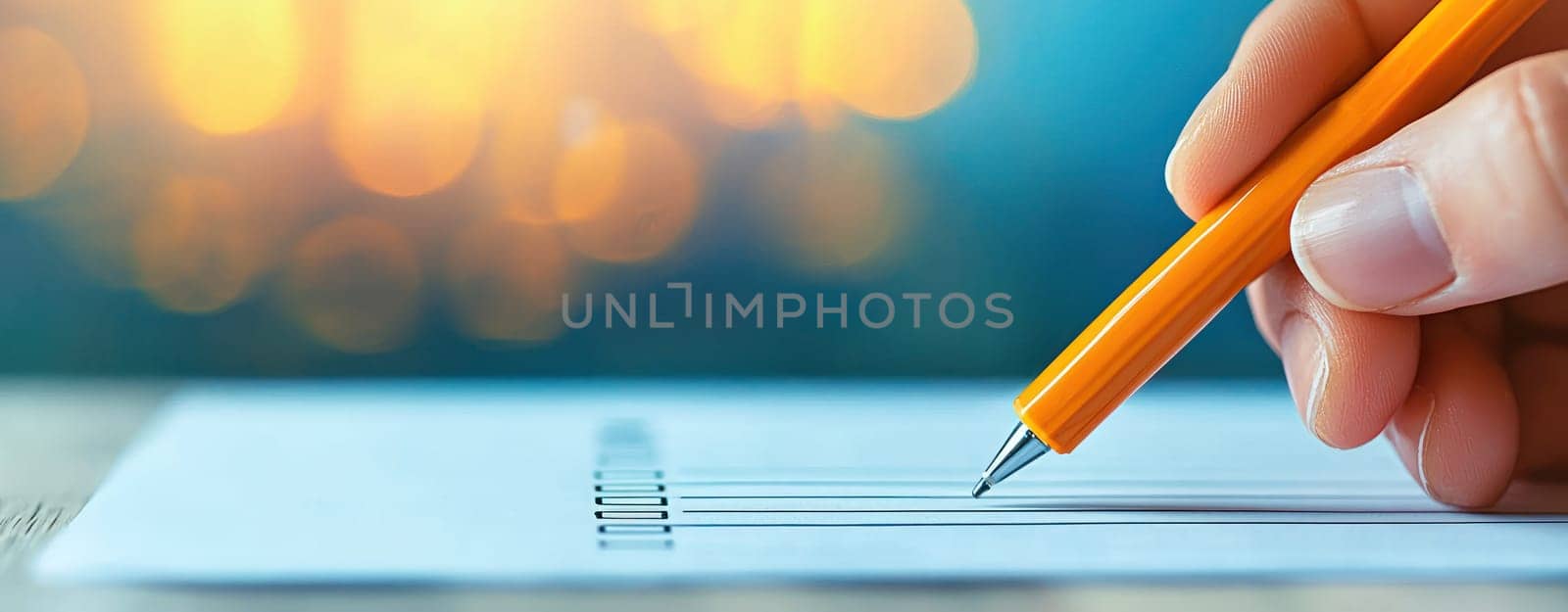 Writing with yellow pen on blank page, creating calm atmosphere.