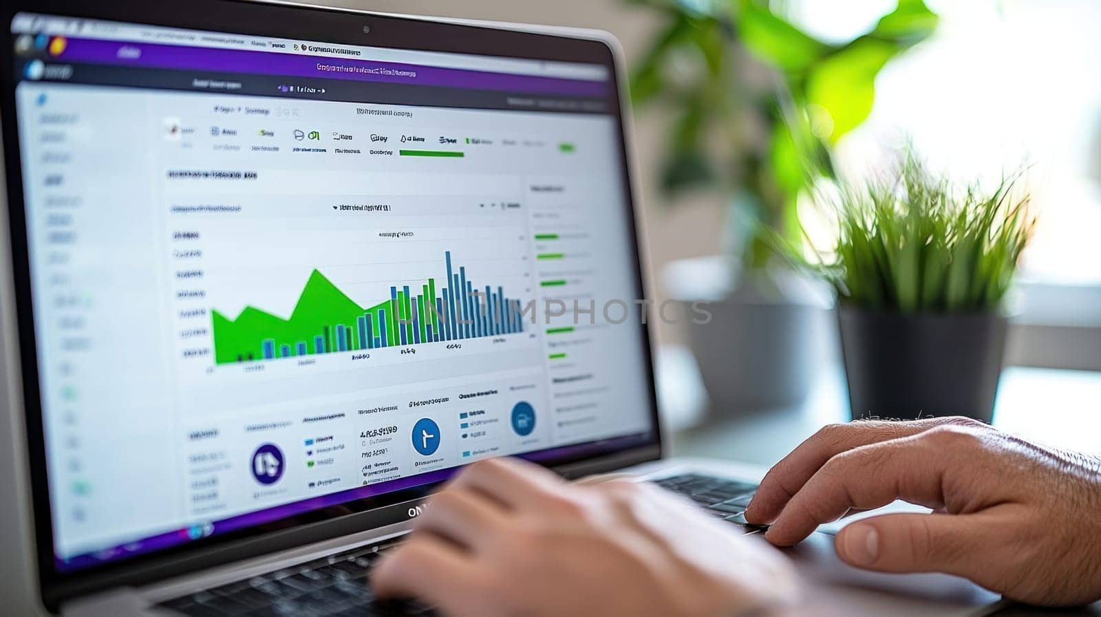 Digital marketer analyzing social media metrics on laptop screen.