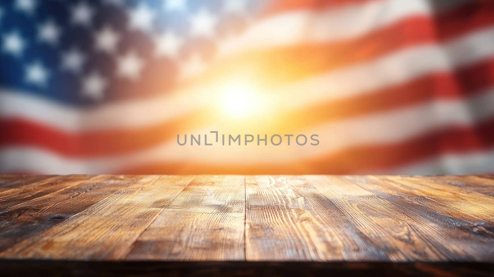 Wooden table in front of American flag background, evoking patriotism.