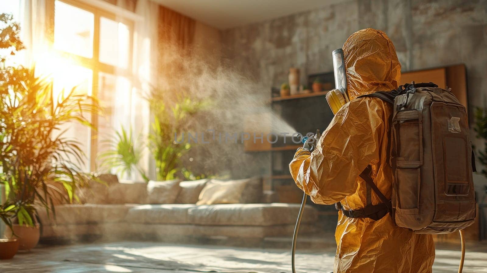 worker in full protective gear sprays disinfectant in bright room.