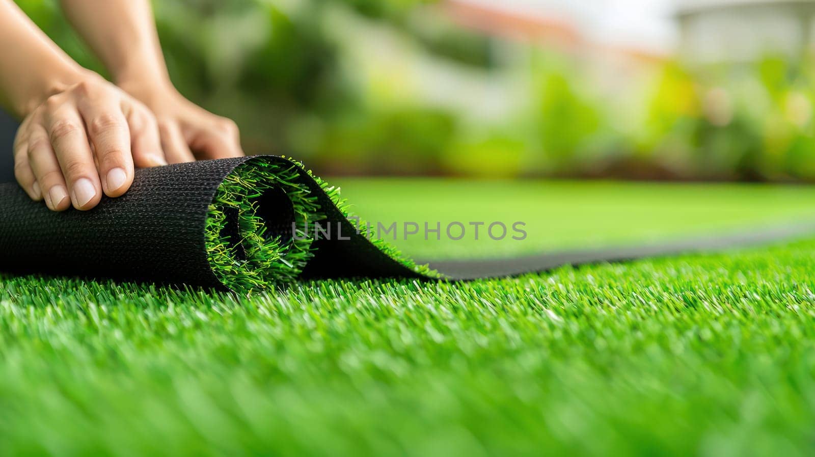 person laying artificial grass on floor, creating vibrant space.
