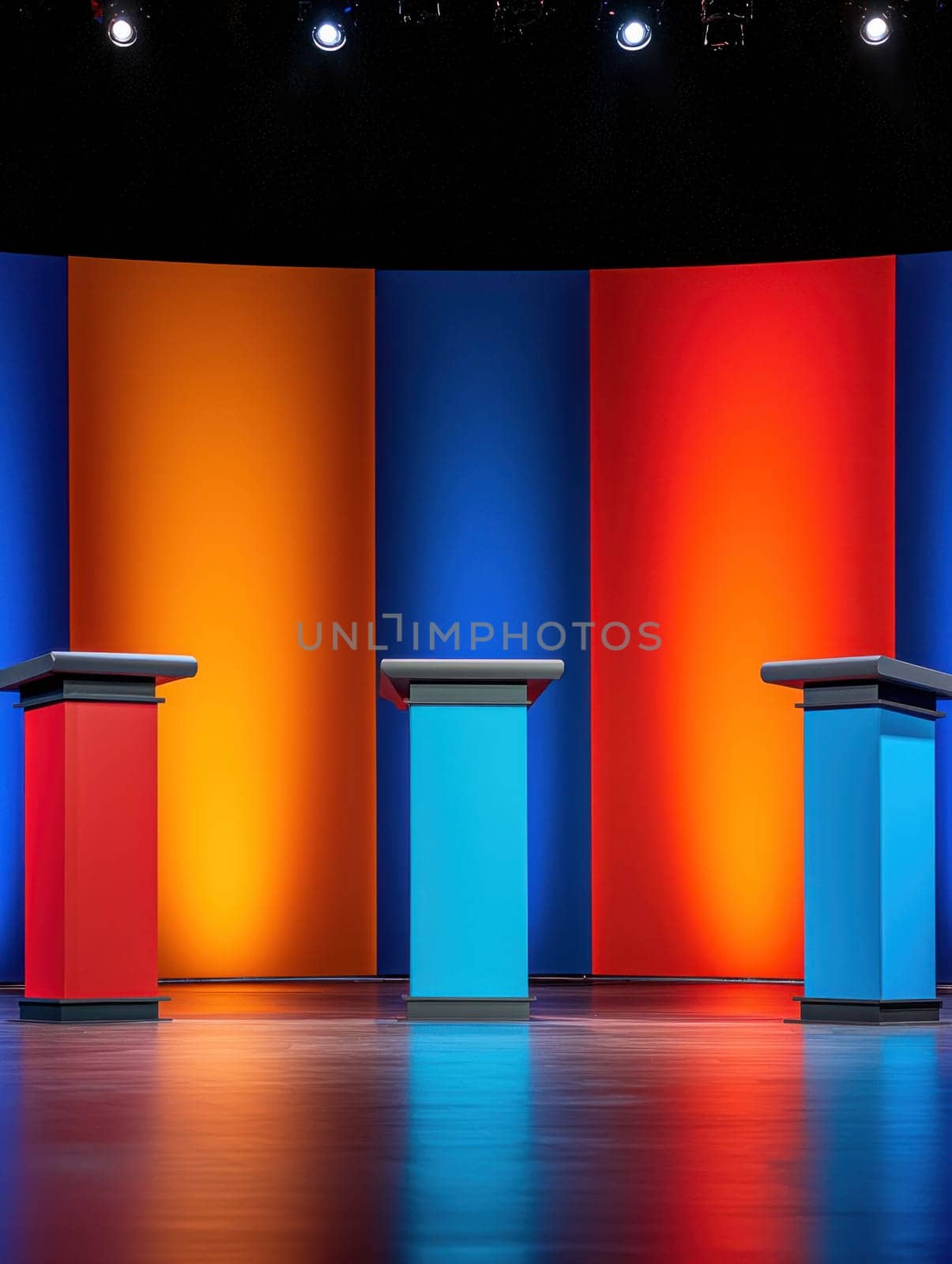 vibrant debate stage featuring colorful podiums and dramatic lighting.