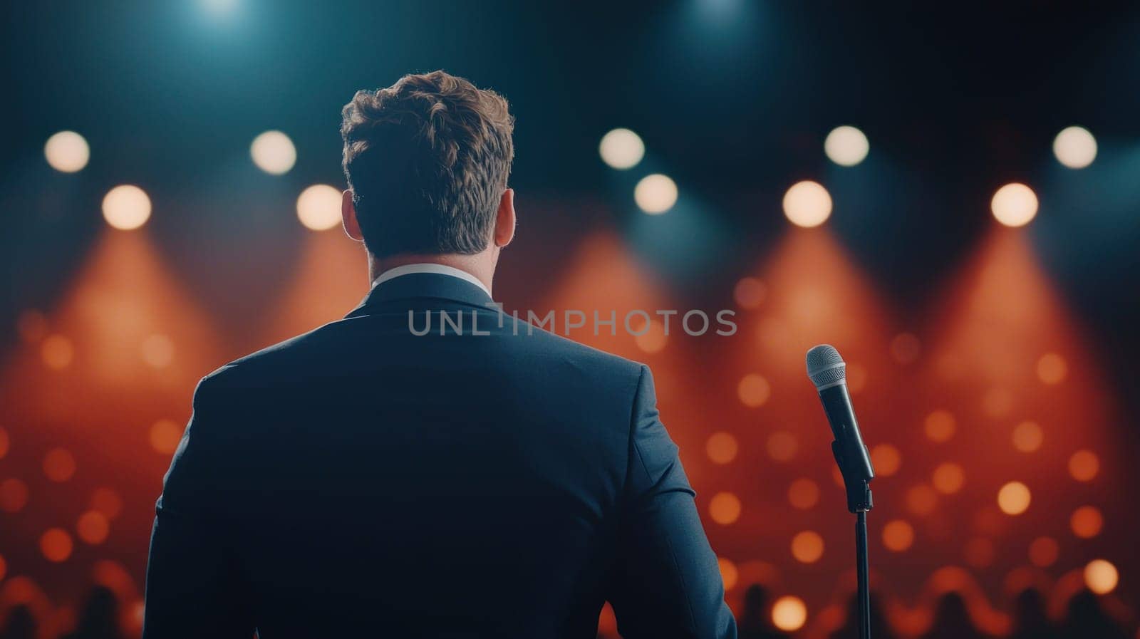 man in suit stands on stage, preparing to speak to audience.