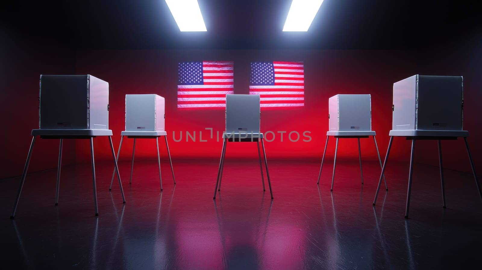 Voting booths illuminated against red backdrop with American flags.