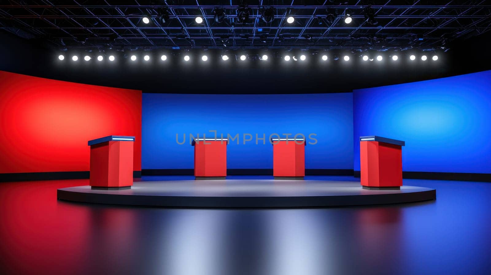vibrant debate stage featuring four podiums under bright lights, creating engaging atmosphere.