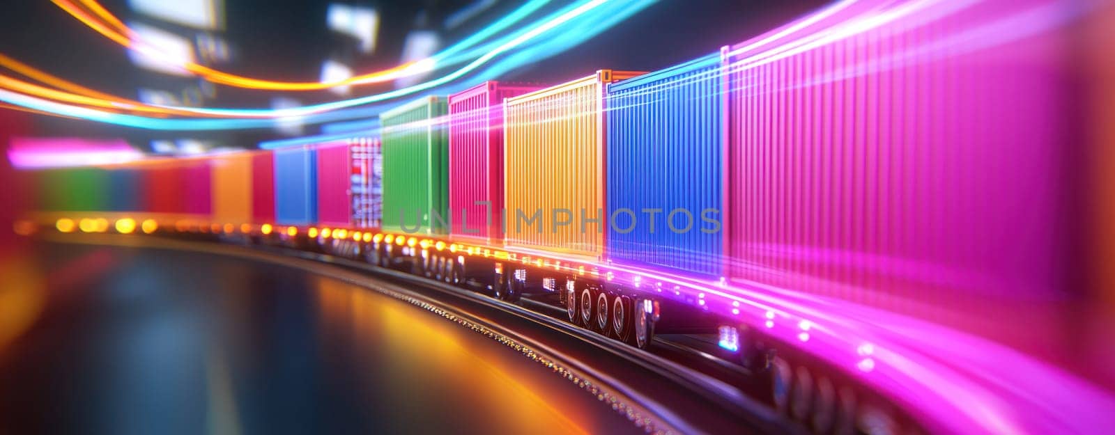 Colorful cargo containers on moving train create vibrant scene.
