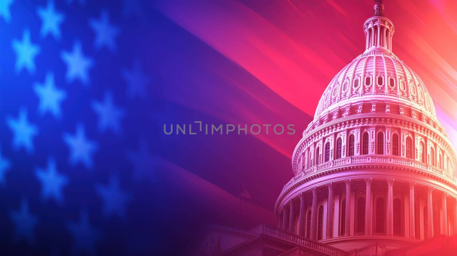 Capitol building stands majestically against backdrop of American flags, evoking patriotism and.
