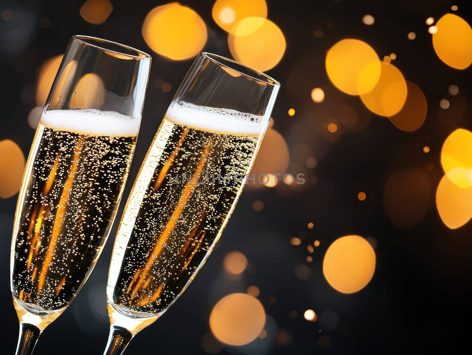 Cheers with champagne glasses sparkling against festive background.