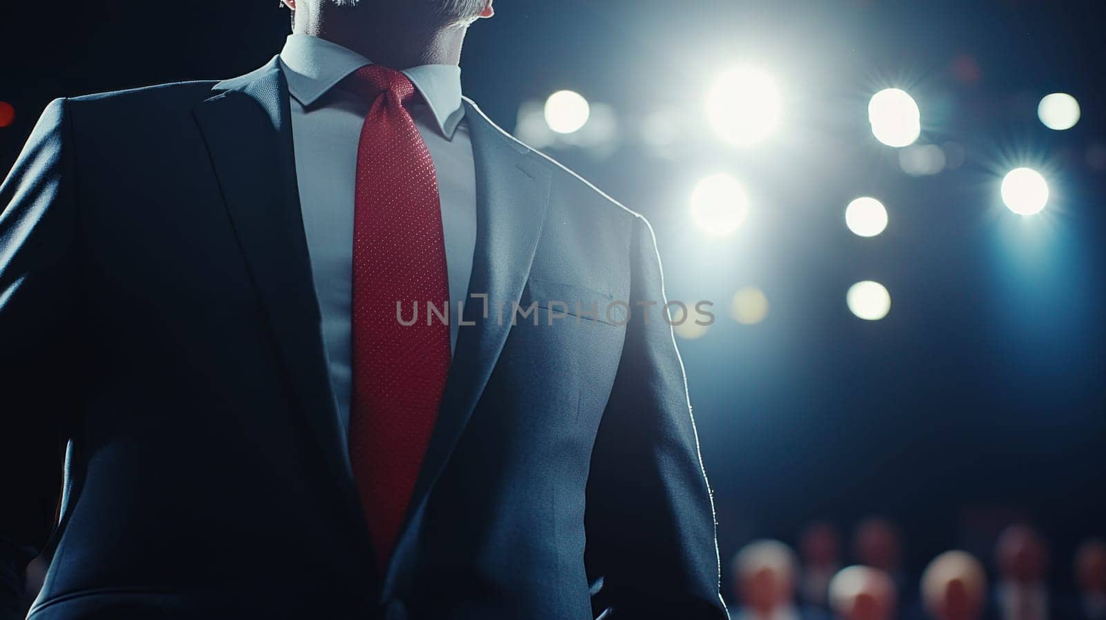 confident speaker in suit delivers powerful address under bright lights.