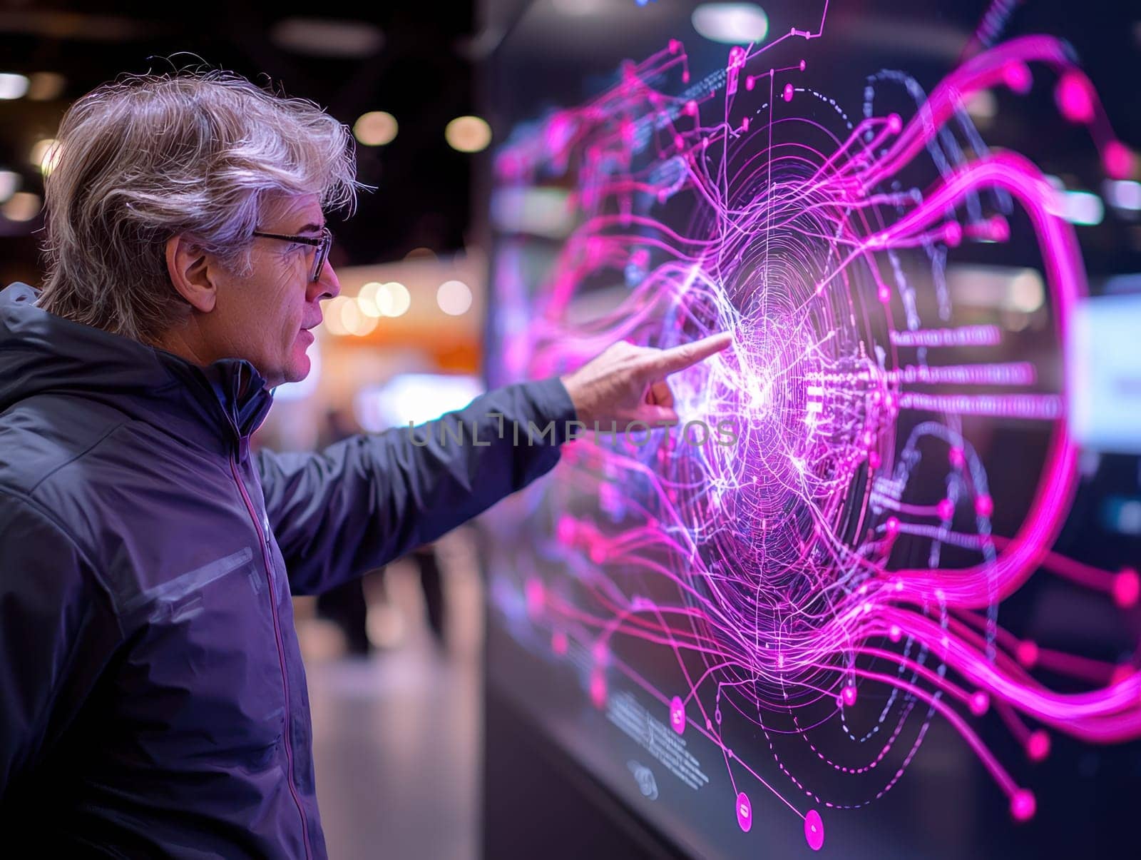 man interacts with digital map displaying data points and connections, showcasing technology.