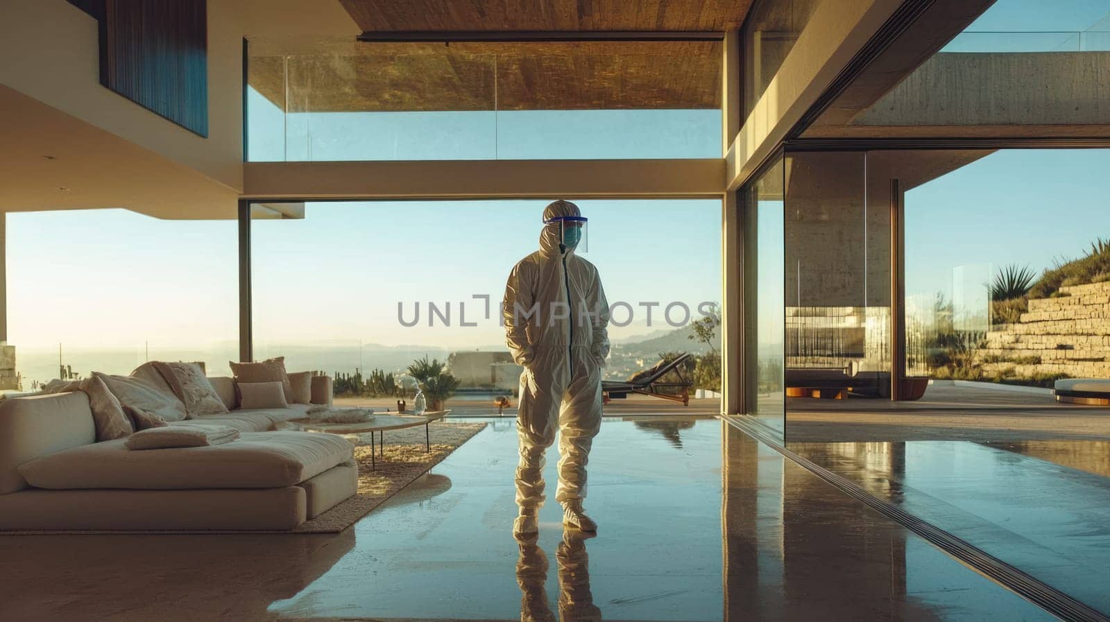 worker in full protective gear stands in modern home, reflecting safety and cleanliness.