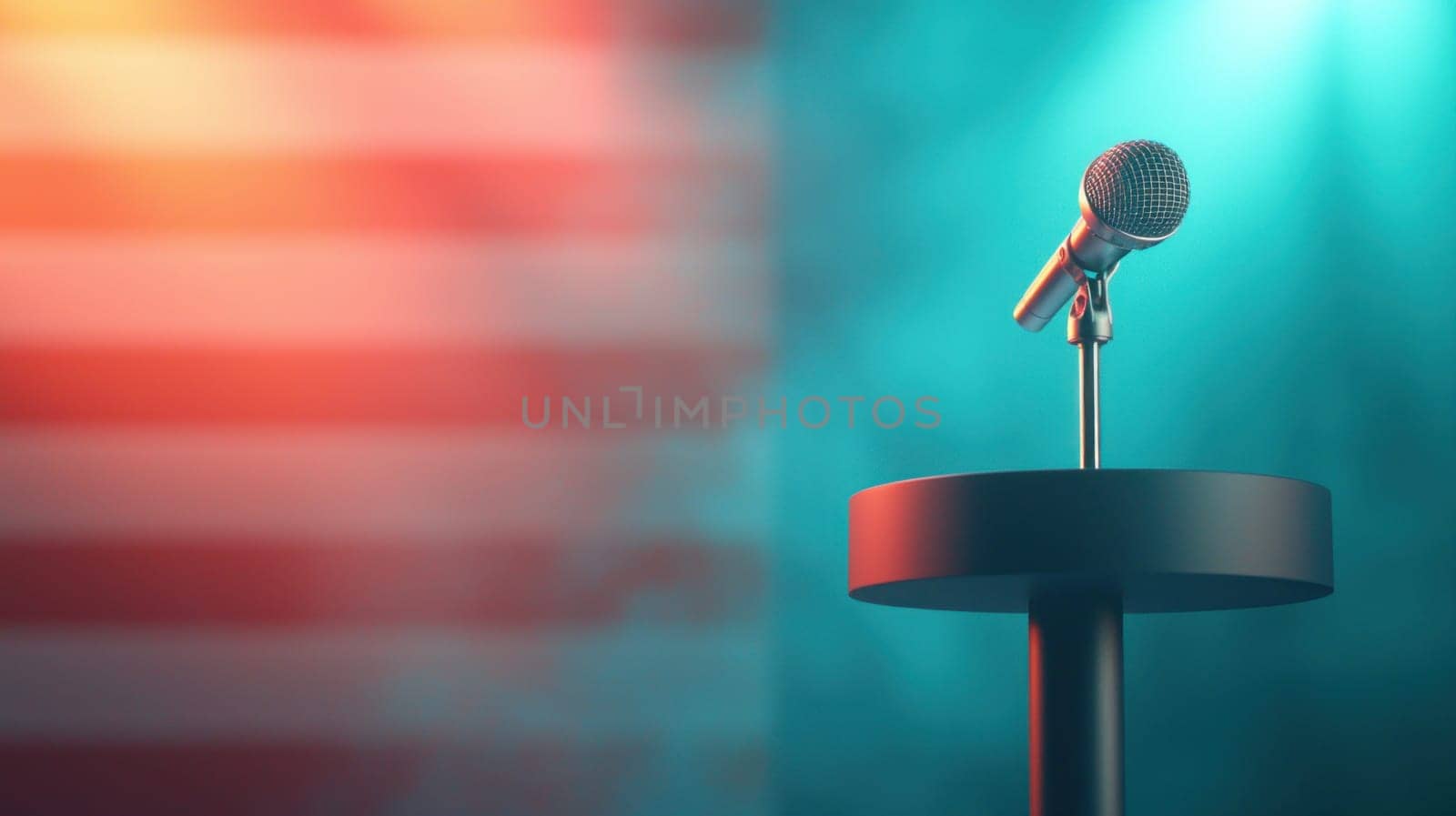 microphone on podium ready for candidate speech, illuminated by colorful lights.