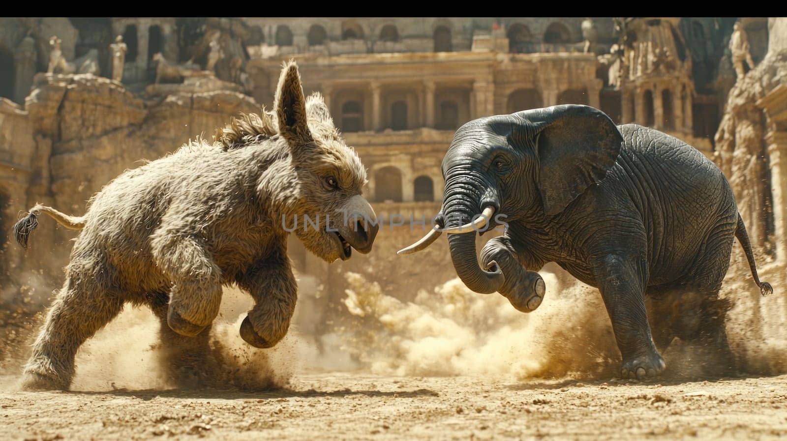 donkey and elephant engage in playful chase in dusty arena.