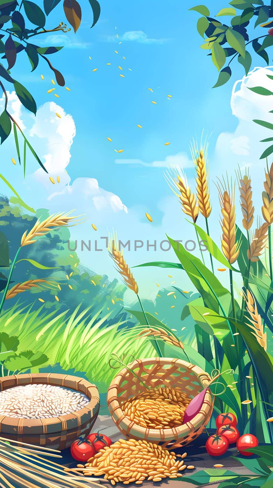 In a serene natural environment, there are golden wheat and fresh grain baskets