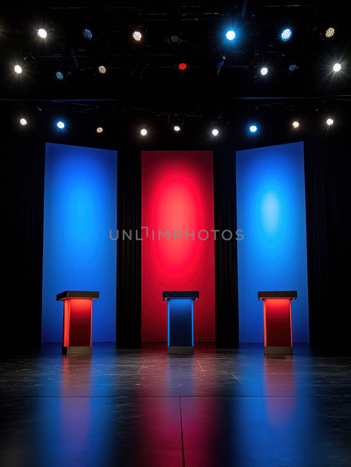 vibrant debate stage featuring three podiums under colorful lights.
