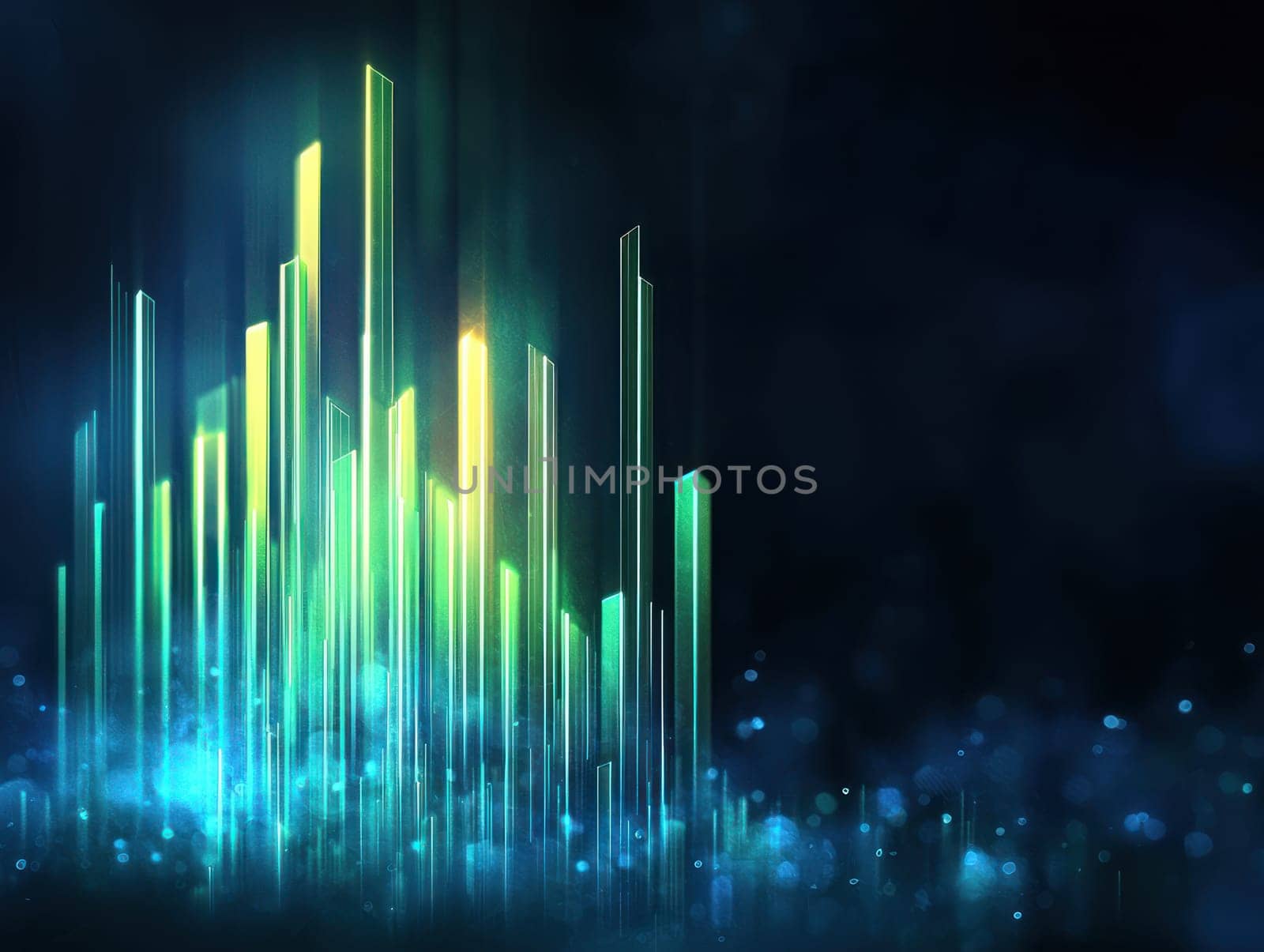 Vibrant green and blue light bars rise against dark background, creating dynamic visual.