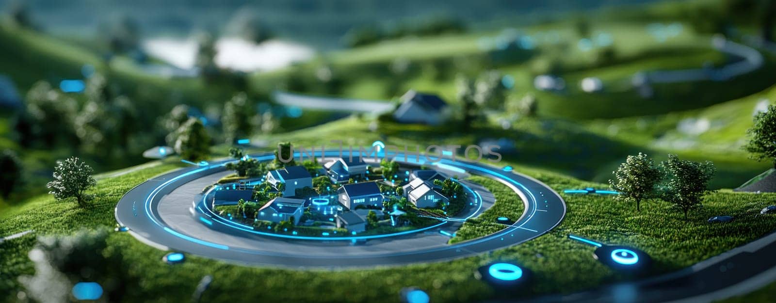 Smart home concept with centralized control in futuristic landscape.