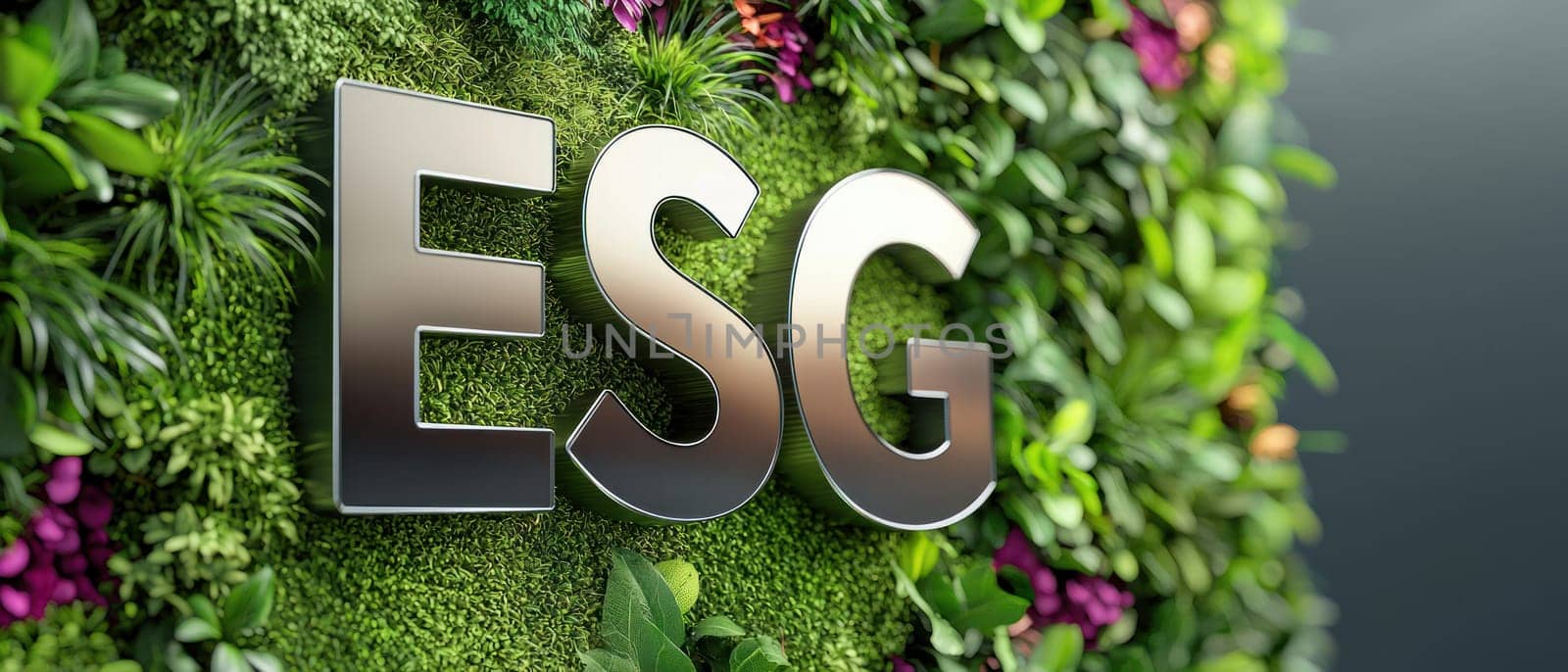 ESG logo on vibrant green wall with plants, symbolizing sustainability and growth.