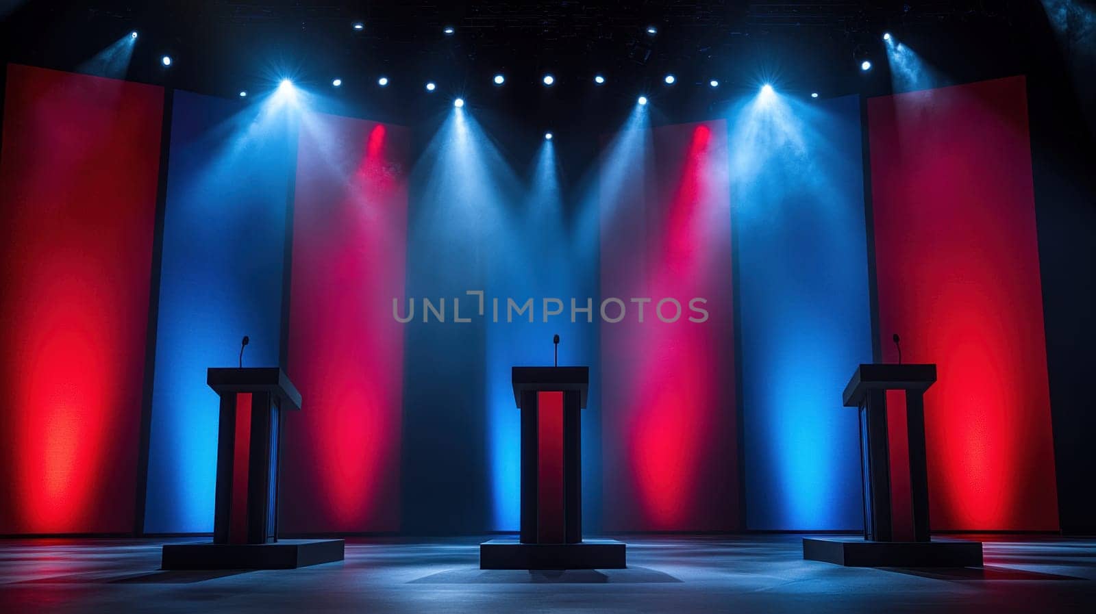 vibrant debate stage with podiums illuminated by blue and red lights, creating dramatic atmosphere.
