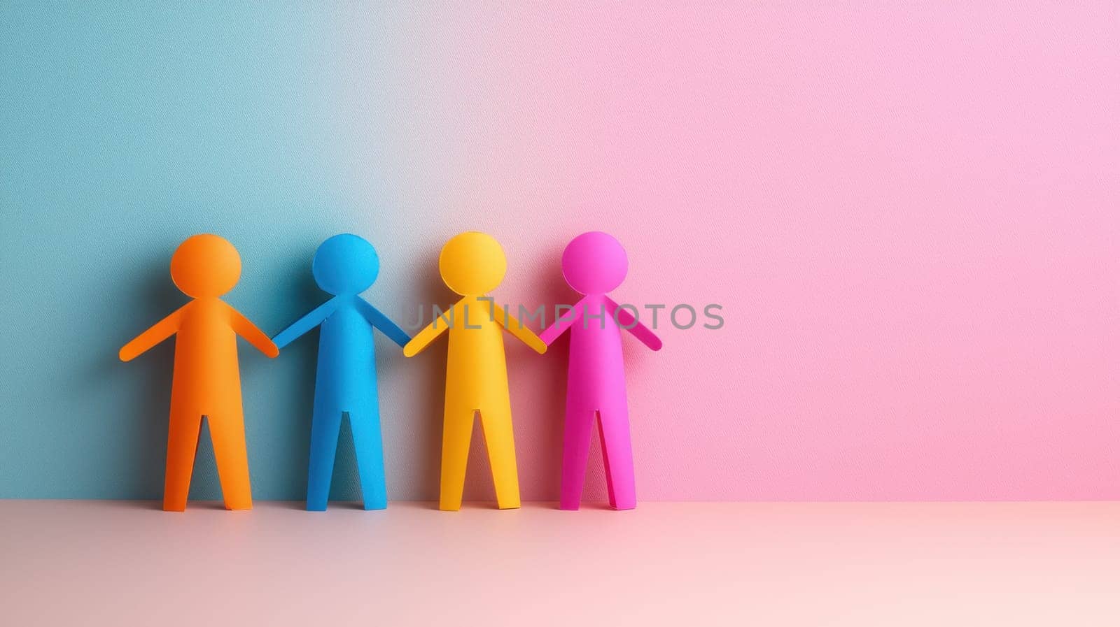 Colorful paper figures linking hands in circle create joyful atmosphere.