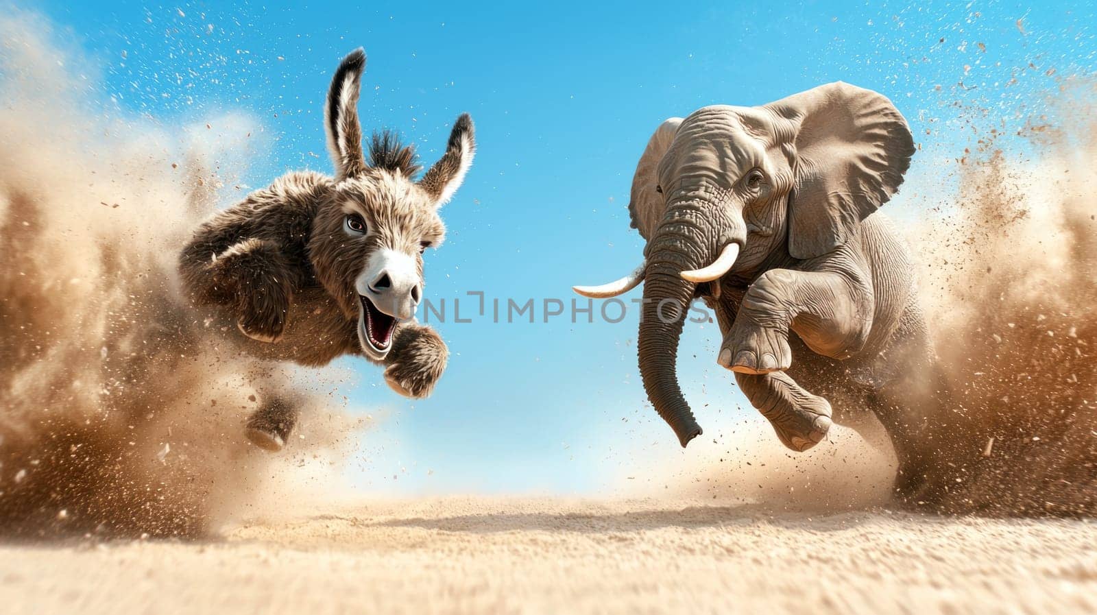 Donkey and elephant racing in sandy landscape, showcasing excitement and energy.