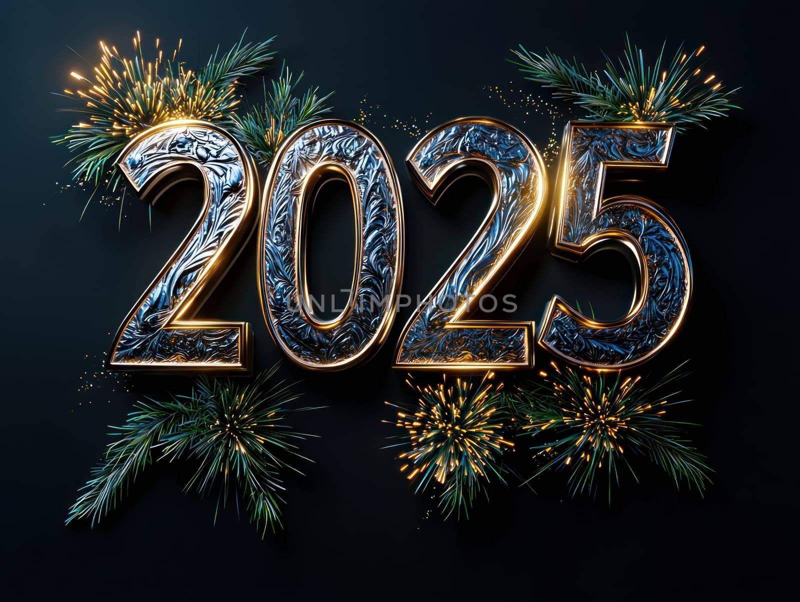 Celebrating new year 2025 with vibrant fireworks and greenery.