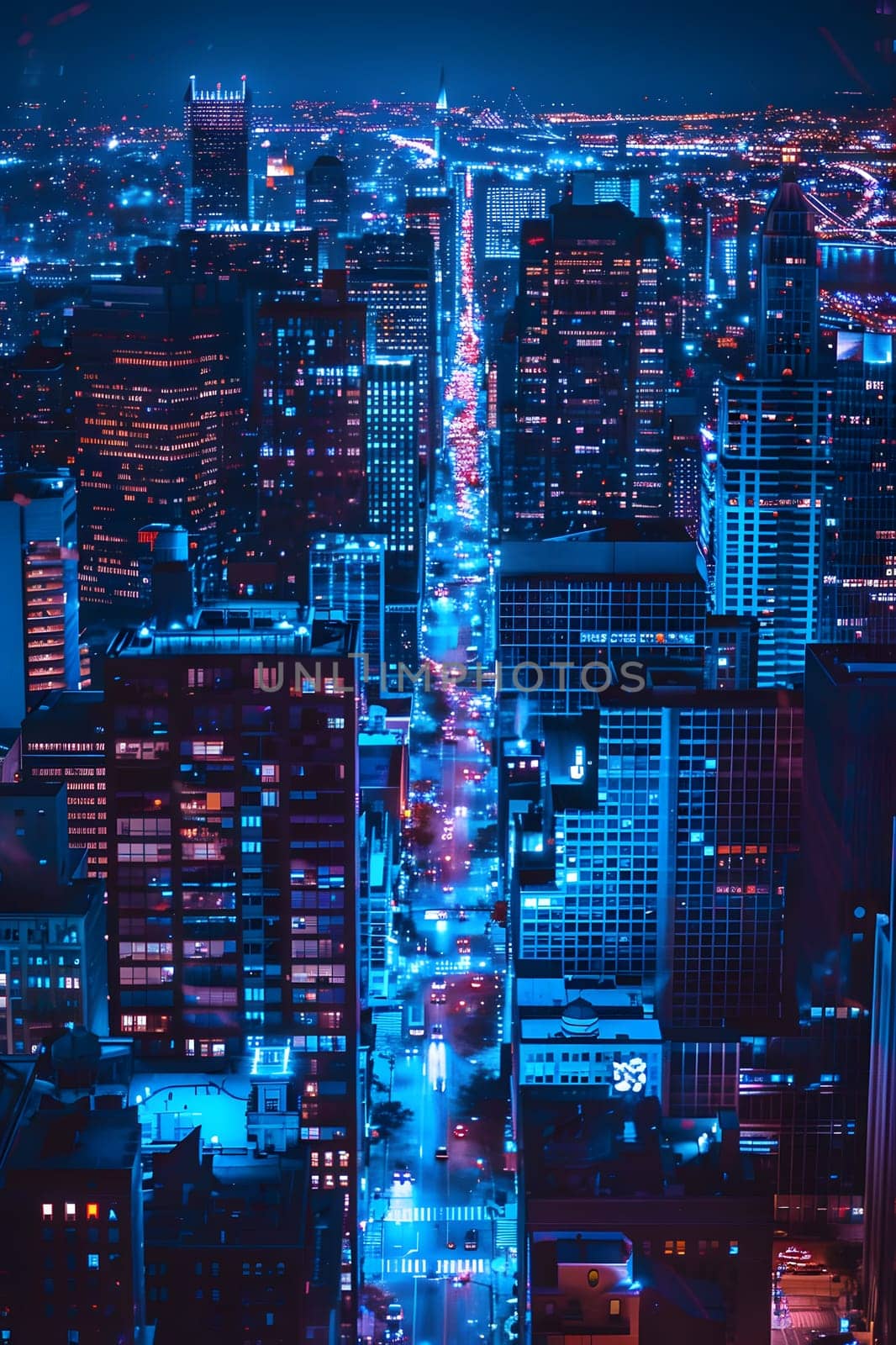 A dazzling cityscape at night lights up with vibrant neon lights, bustling and alive.