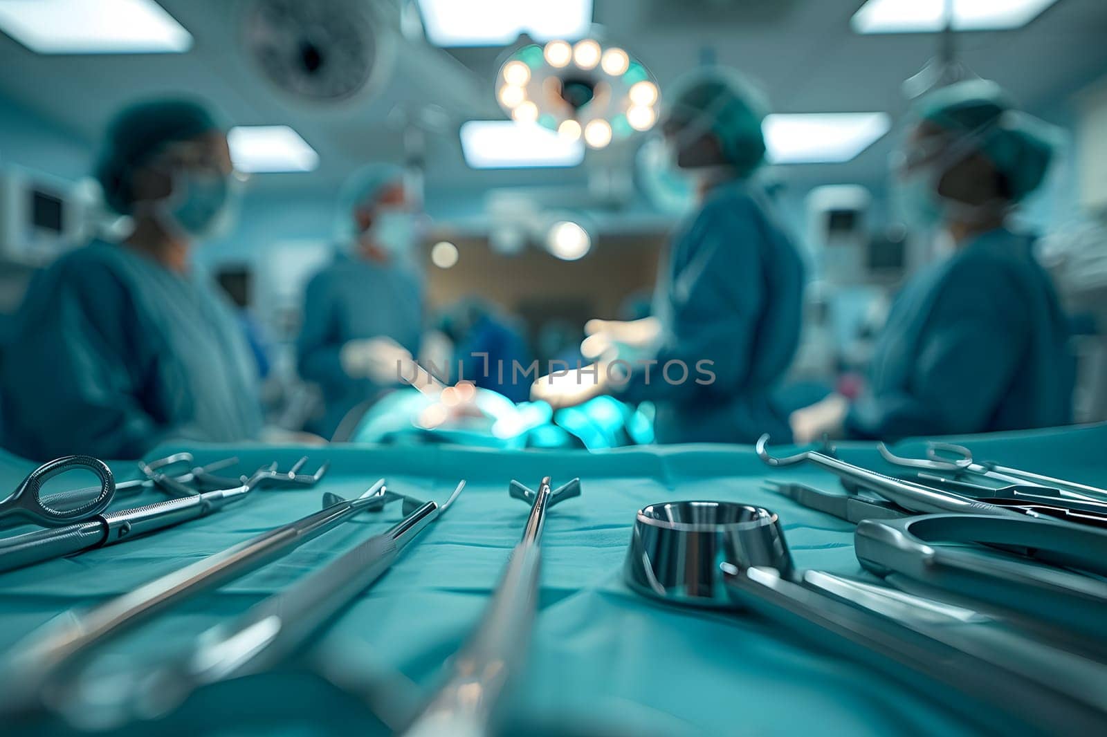 A team of surgeons are using aqua surgical instruments and gas in an electric blue operating room. This medical event combines science, engineering, and machine service