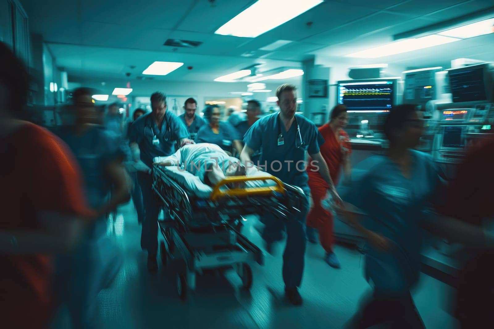 A dynamic scene captures a busy emergency room with medical professionals responding urgently to a patient's needs, showcasing teamwork and high-stakes action.